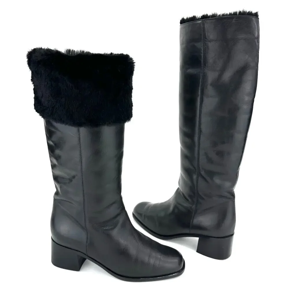 Bally Women Black Winter Knee High Boot Sz 36/5.5 Leather Foldable FurTrim Lined